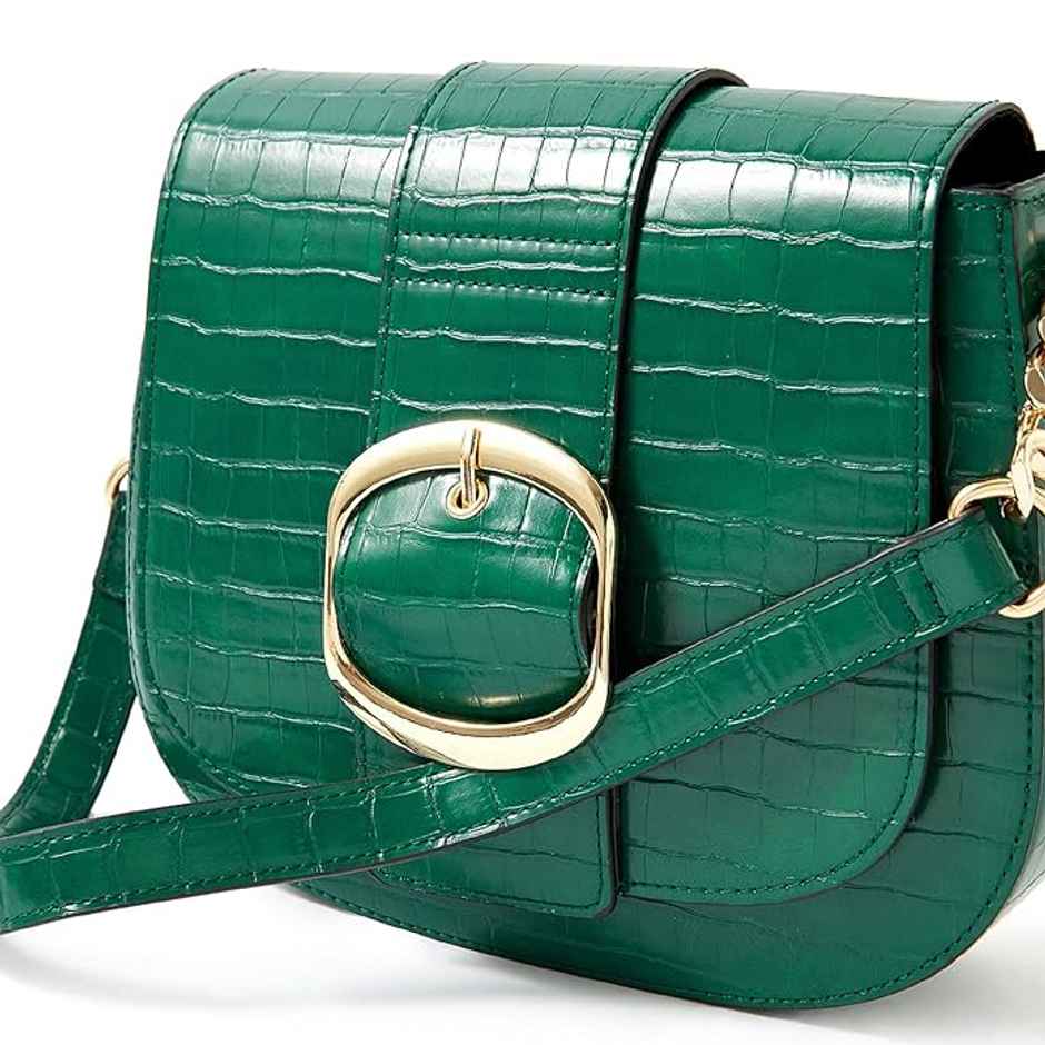 Accessorize London Women's Faux Leather Buckle Saddle Shoulder & Sling Bag | Green