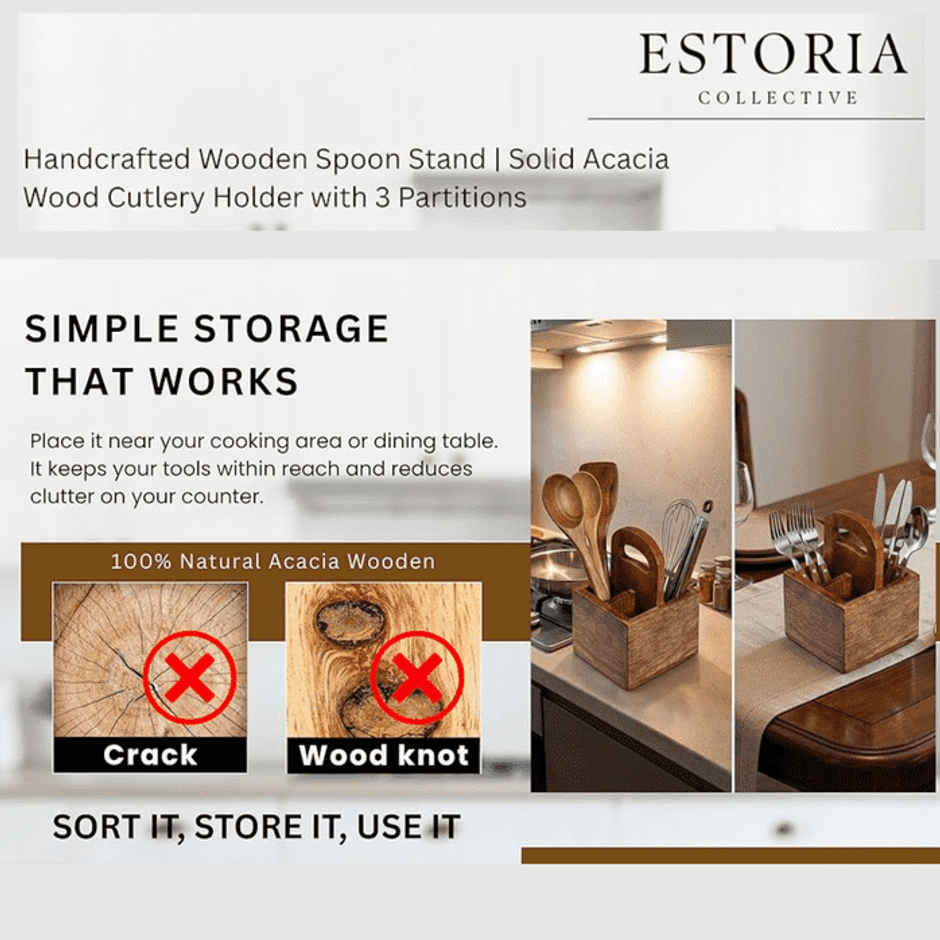 Estoria Collective Acacia Wooden Cutlery Holder 3 Partition