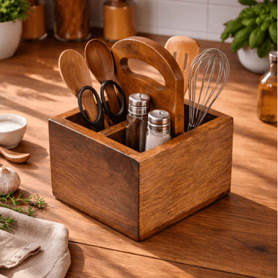 Estoria Collective Acacia Wooden Cutlery Holder 3 Partition