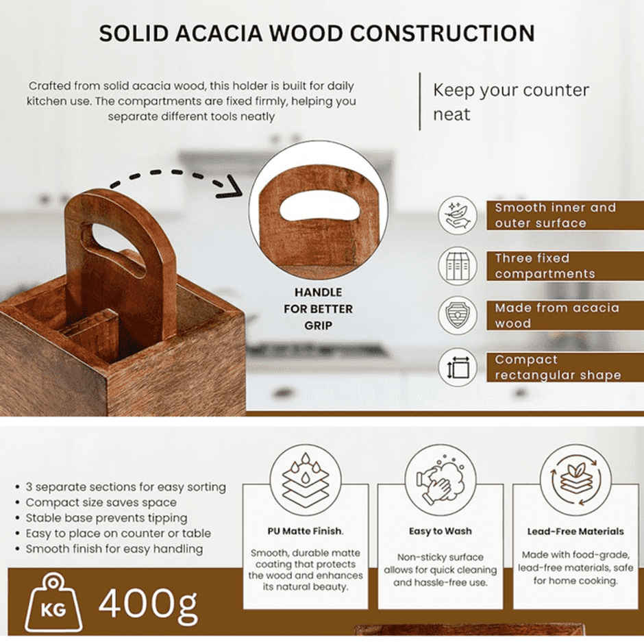 Estoria Collective Acacia Wooden Cutlery Holder 3 Partition