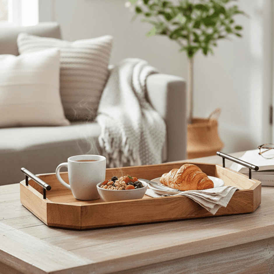 Estoria Collective Teak Wooden Serving Tray with Metal Handle