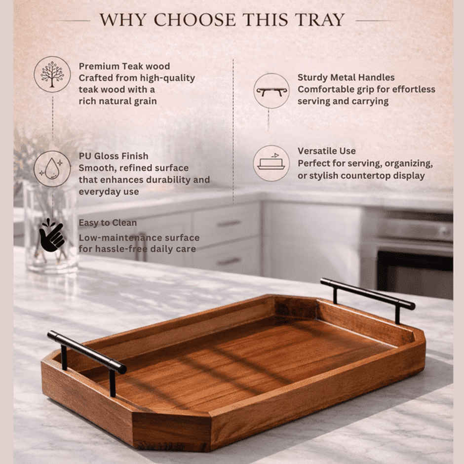 Estoria Collective Teak Wooden Serving Tray with Metal Handle