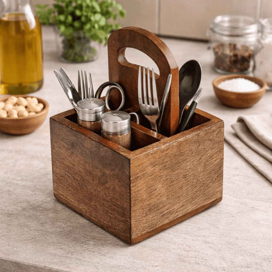 Estoria Collective Acacia Wooden Cutlery Holder 3 Partition