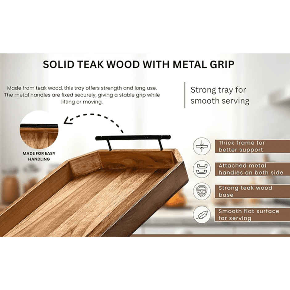 Estoria Collective Teak Wooden Serving Tray with Metal Handle
