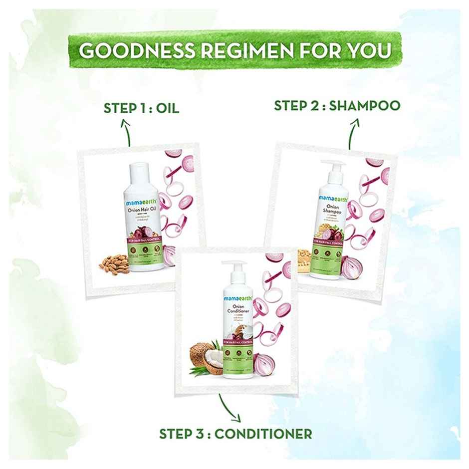 Mamaearth Onion Hair Oil For Hair Fall Control (150ml) & Mamaearth Onion Shampoo For Hair Fall Control & Hair Growth With Onion & Plant Keratin (100ml) & Mamaearth Onion Conditioner For Hair Growth & Hair Fall Control (250ml) Combo
