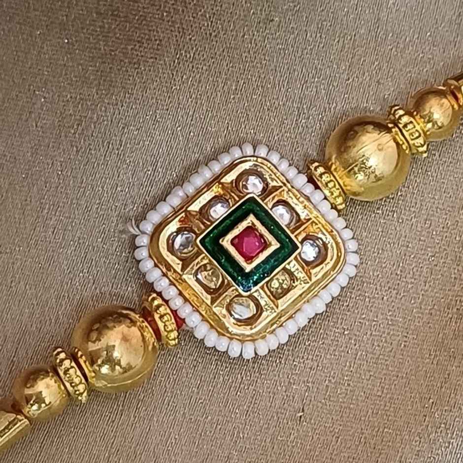 Rajasthani Large Square Pendant Red Minakari Kundan Motiwork Rakhi|Traditional Rakhi | Gullak