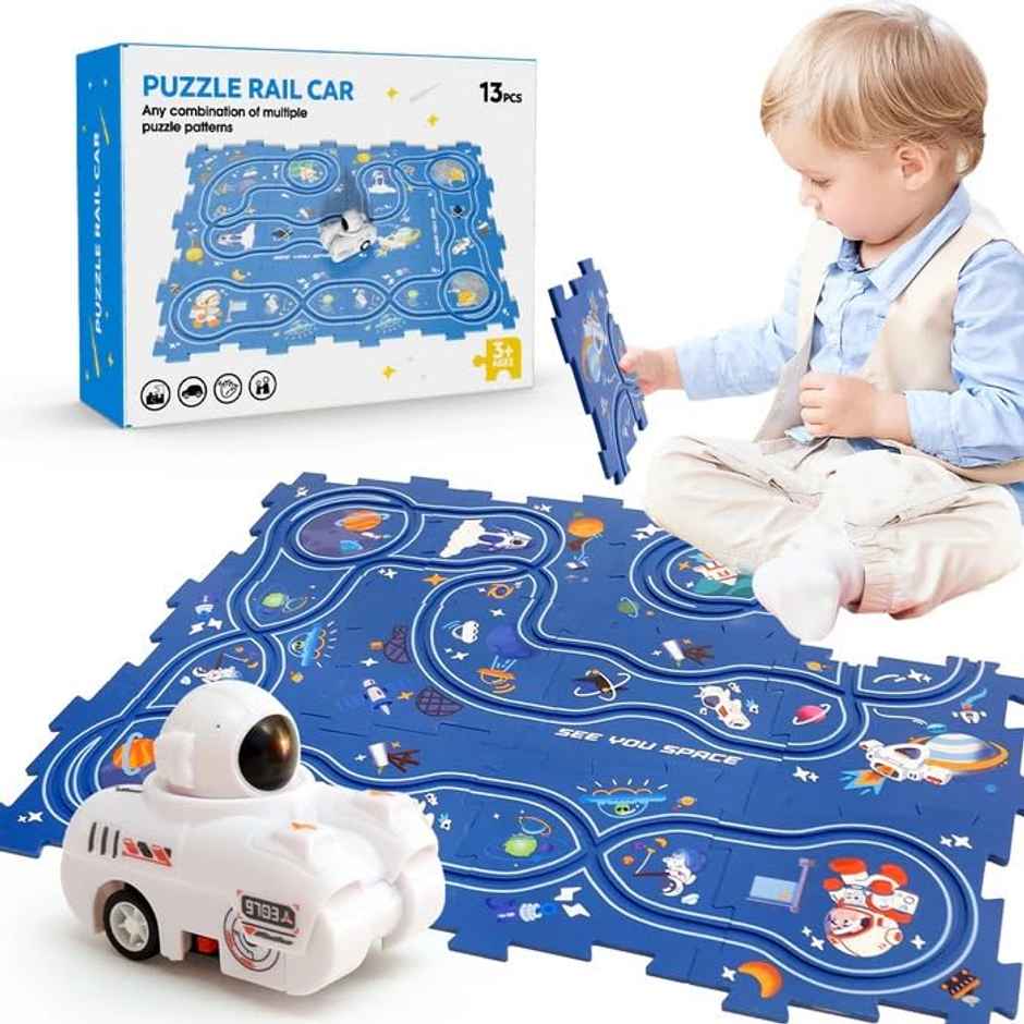 Toyshine Puzzle Racer Kids Car Track Set with Montessori Puzzle Rail Cars