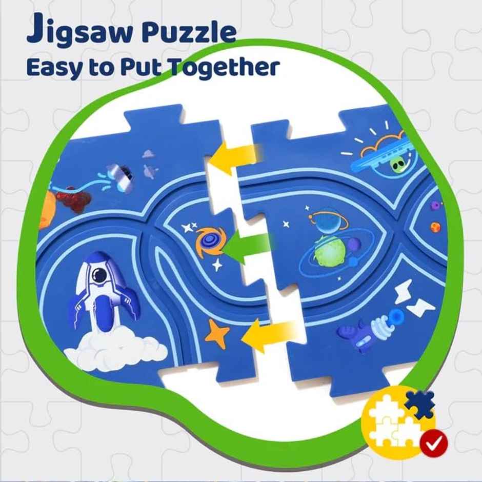 Toyshine Puzzle Racer Kids Car Track Set with Montessori Puzzle Rail Cars