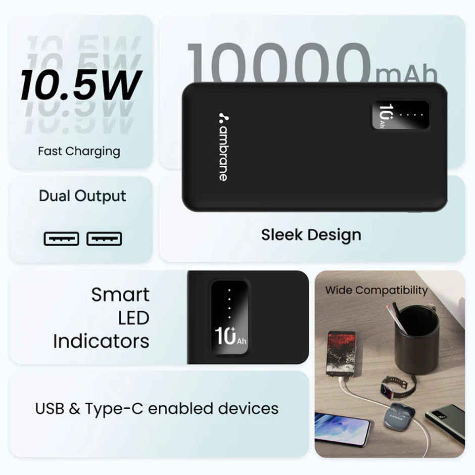 Ambrane 10000mAh Power Bank 10.5W Fast Charging Dual Output With USB-C Compact Powerbank | Black