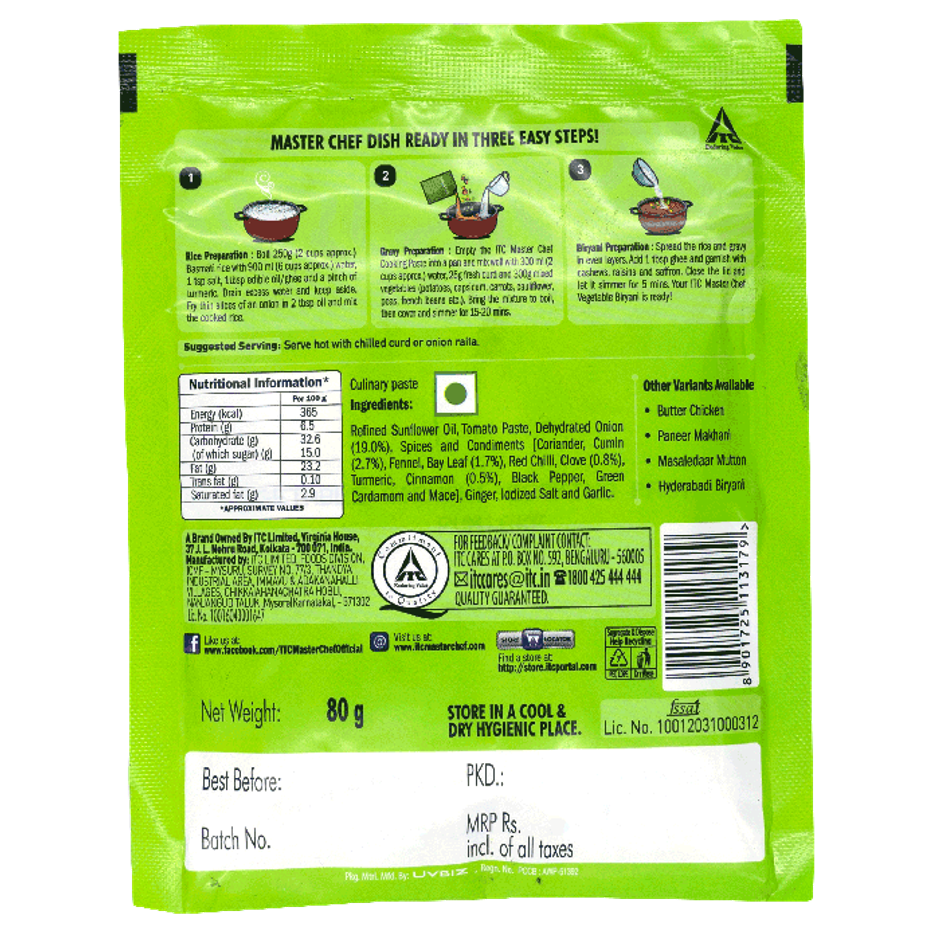 ITC Master Chef Vegetable Biryani Cooking Paste