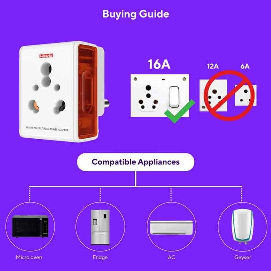 Gold Medal 16A i-Link 3 Pin Plug Universal Travel Adaptor - White | for Home,Office,Travel | Compact & Reliable Combo