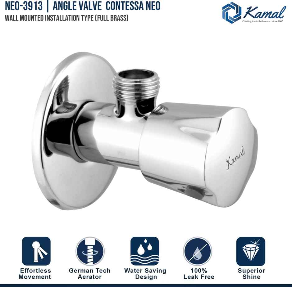 Kamal Angle Valve Contessa Neo | Brass Conventional | For Inlet Connection Of Geysers, Basin Mixers