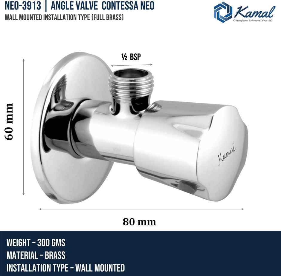 Kamal Angle Valve Contessa Neo | Brass Conventional | For Inlet Connection Of Geysers, Basin Mixers