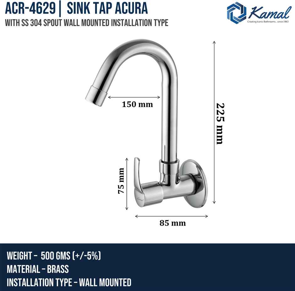 Kamal Sink Cock - Acura Kitchen Sink Faucet Brass | 180 Degree Swivel Spout Bib Tap Faucet