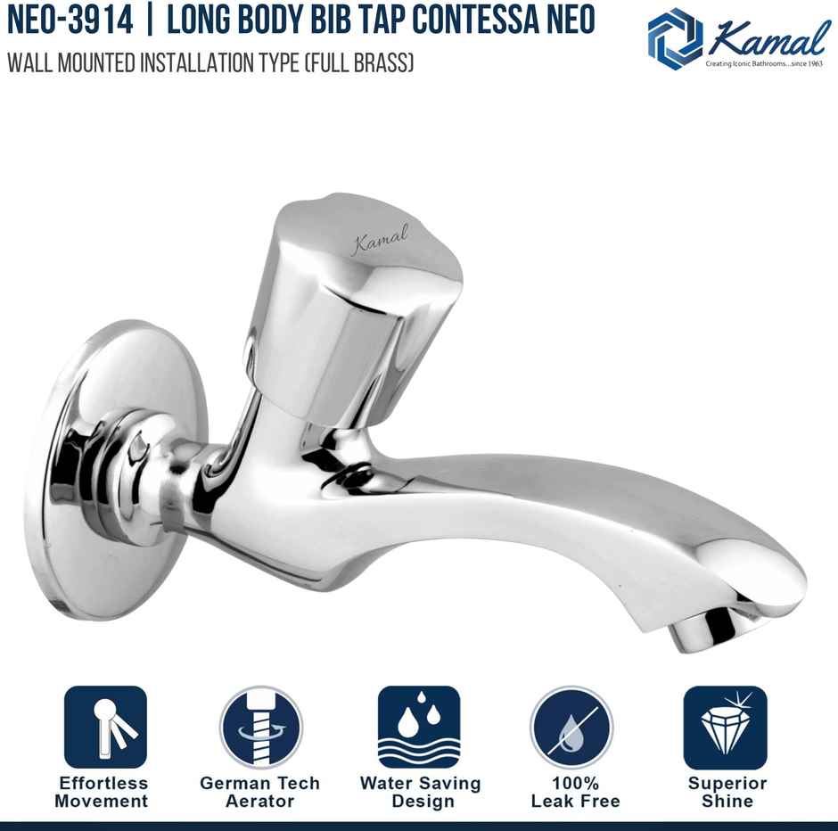 Kamal Long Body Bib Tap Contessa Neo | Brass Conventional Design|German Tech Aerator Bib Tap Faucet