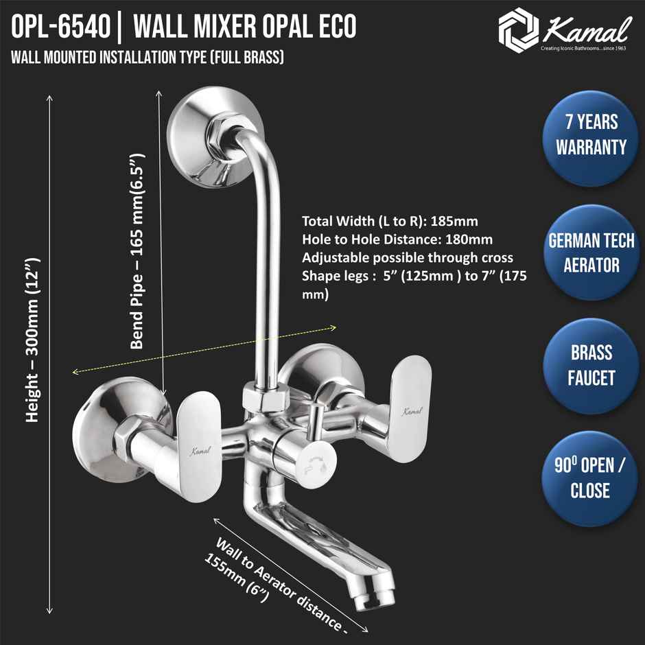 Kamal Wall Mixer Opal Eco | Fully Brass | With For Overhead Shower Connection And 165 mm Long Ben