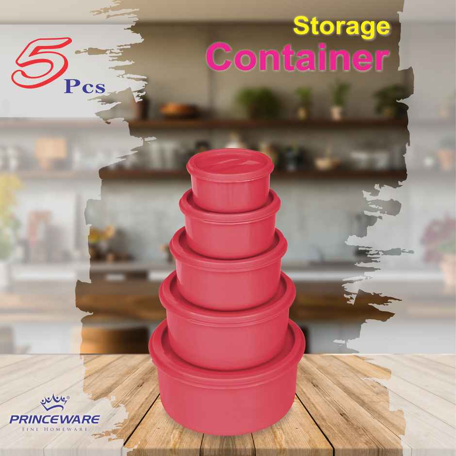 Princeware Store Fresh Round Container Set of 5 Pcs| 100 ml+225 ml+375 ml+650 ml+1.125 L Pink