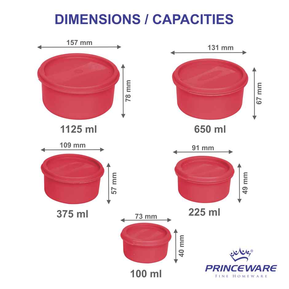 Princeware Store Fresh Round Container Set of 5 Pcs| 100 ml+225 ml+375 ml+650 ml+1.125 L Pink