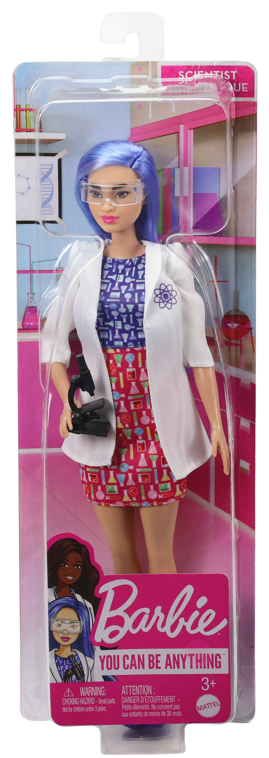 Barbie Scientist Doll Blue Hair | Color Block Dress| Lab Coat | Flats | Microscope Accessory