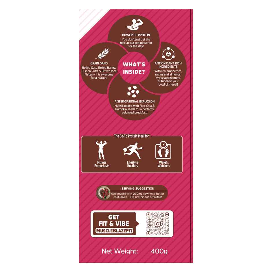MuscleBlaze Fit High Protein Muesli (Dark Chocolate & Cranberry, 400g) | 22g Protein