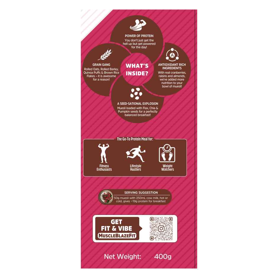 MuscleBlaze Fit High Protein Muesli (Dark Chocolate & Cranberry, 400g) | 22g Protein