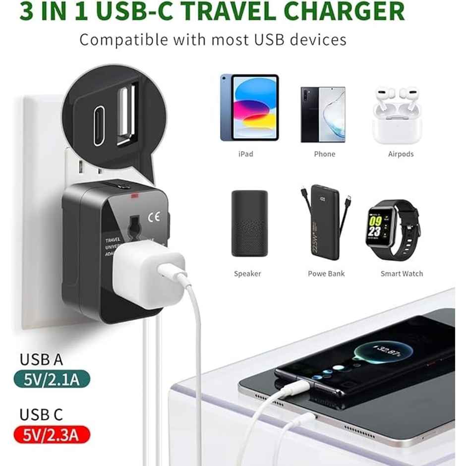 Basics IND Universal Travel Adapter with Type C & USB, 3 IN 1 Universal Adapter Plug White