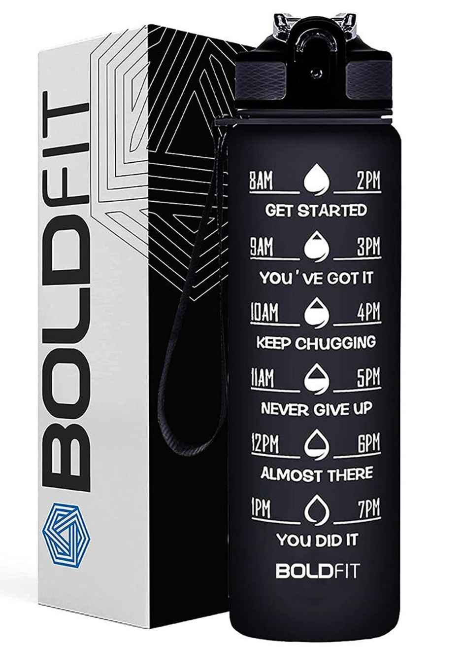 Boldfit Plastic Water Bottle with Motivational Time Markers | Black - 1 L