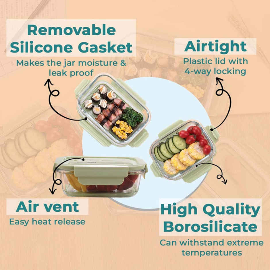 The Better Home Glass Lunch Box (410+680Ml)-Green