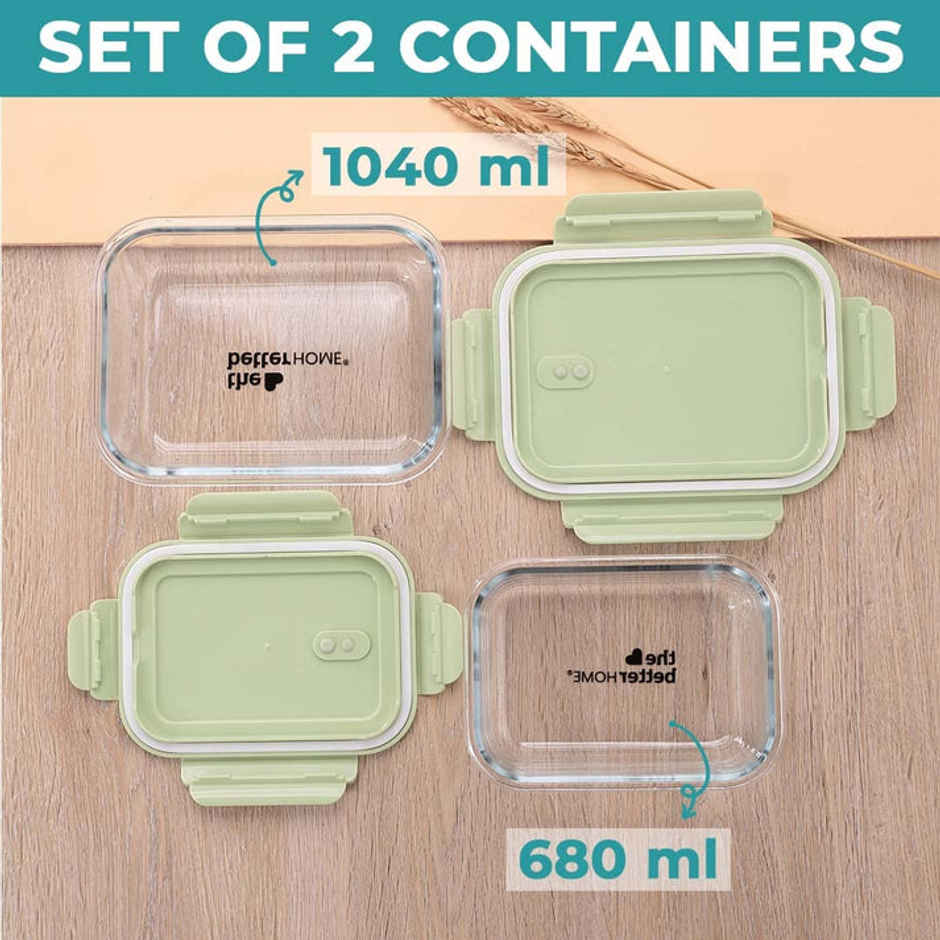 The Better Home Glass Lunch Box (410+680Ml)-Green