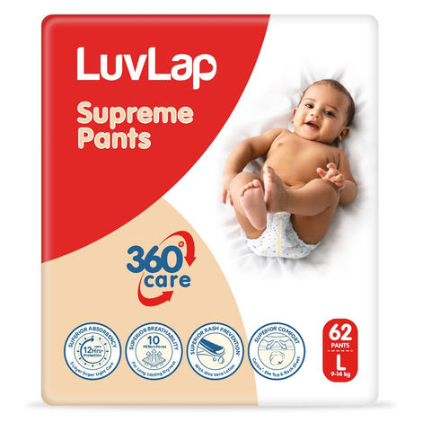 LuvLap Supreme Baby Diapers | Pant Style | L | 62 pcs