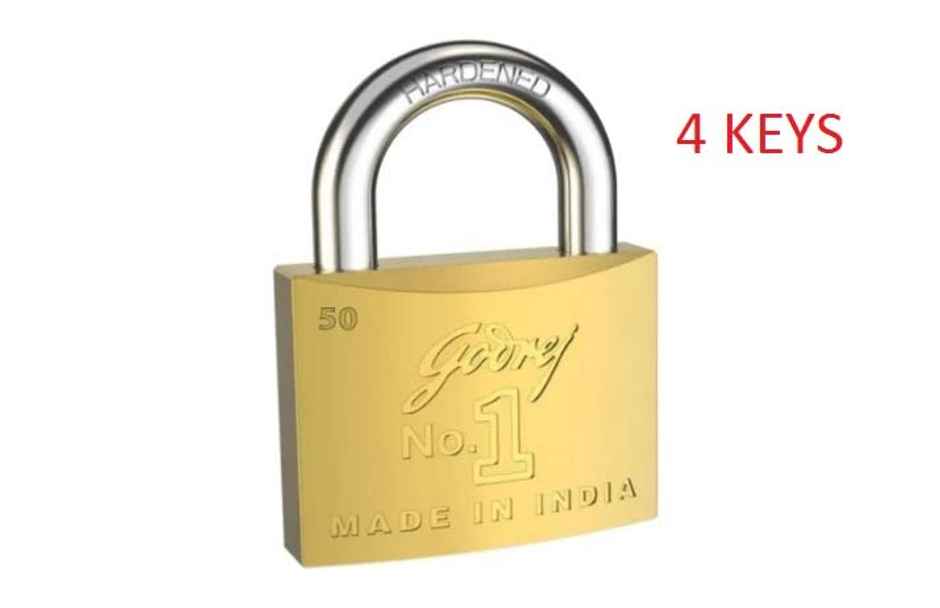 Godrej No. 1 50mm Padlock for Door with 3 Keys, Solid Brass Finish Main Door Lock for Home Gold