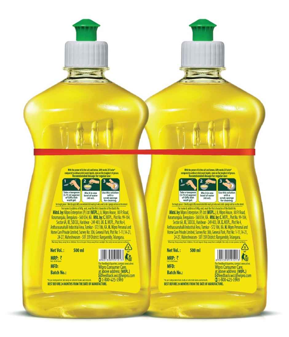 Giffy Liquid Dish Wash Gel With Active Salt and Lemon - 2X Faster Tough Grease Removal