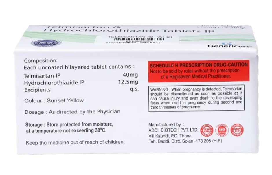 Genericart Telmisartan 40mg + Hydrochlorothiazide 12.5mg Tablet