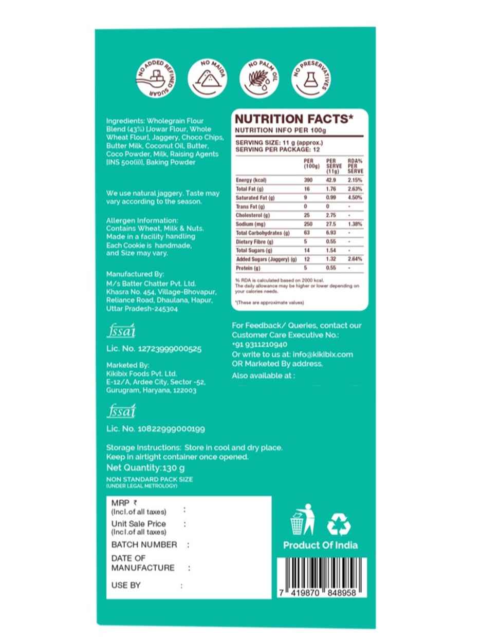 Kikibix Millet Chocolate Chip Healthy Cookies, No Maida, Jaggery Biscuits