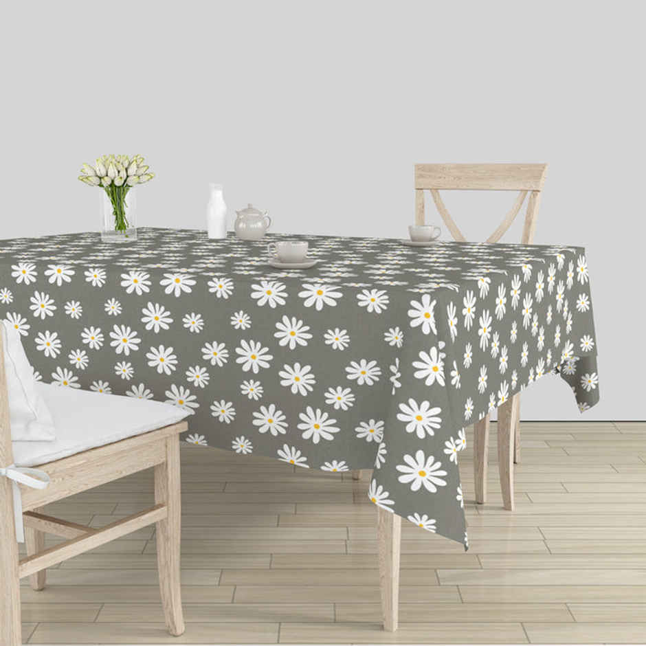 Encasa Xo Cotton Table Cloth Daisy Grey 140X180 Cm, Pack Of 1