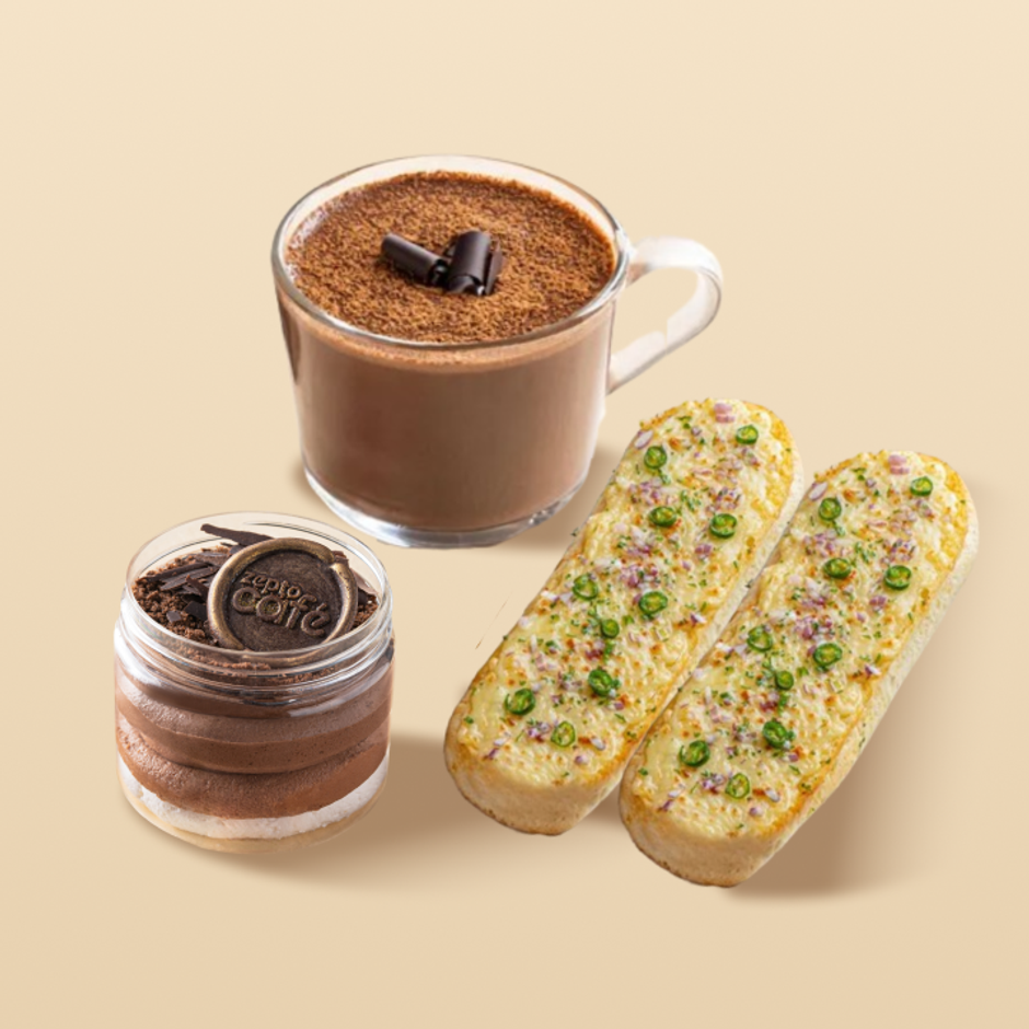 Hot Chocolate + Layered Double Chocolate Cake Jar + Chili Cheese Toast 