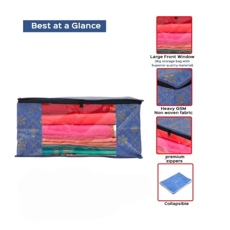 Perpetual Saree Organizer - Foldable Cover with Zip | Transparent Window | Blue | Pack of 1
