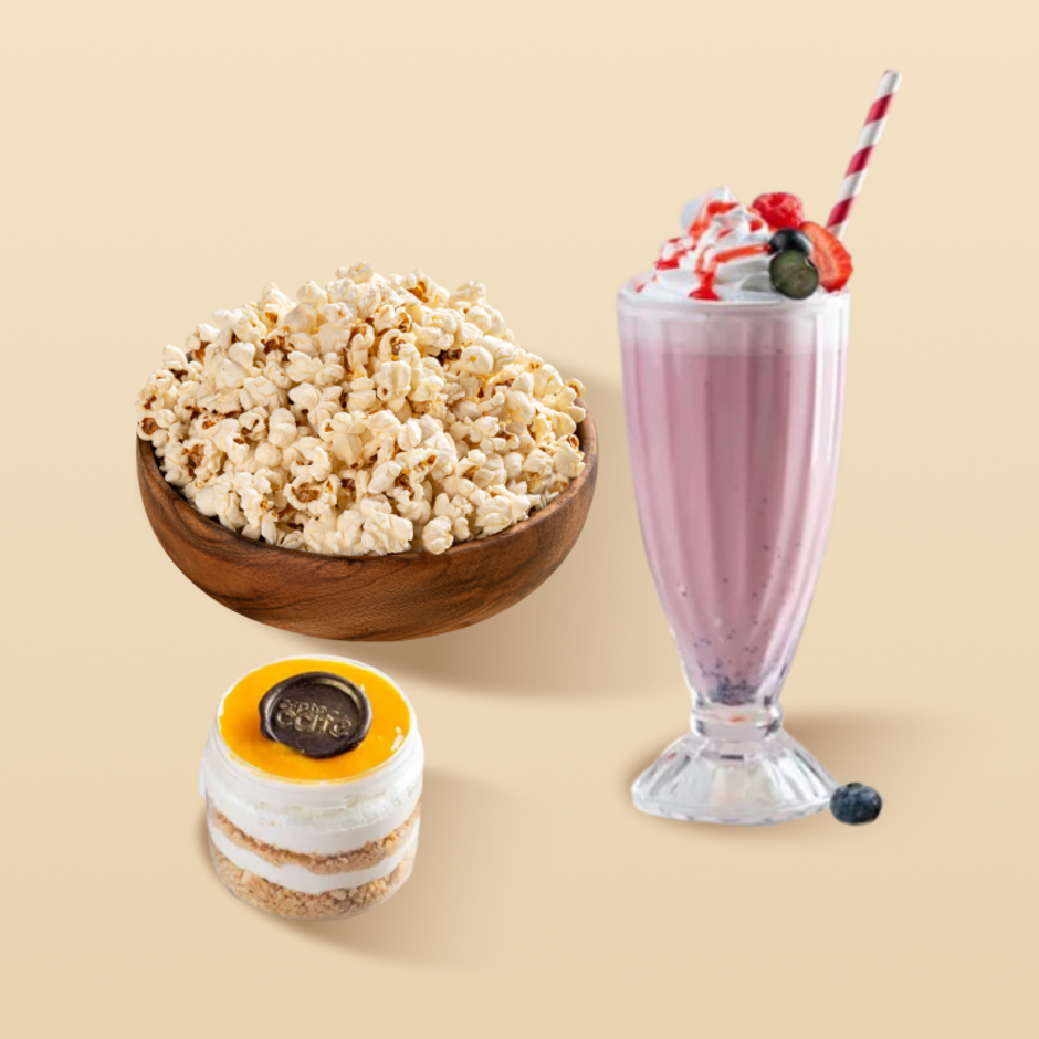 Mixed Berry Shake + Butter Popcorn Bag + Mango Pastry Jar