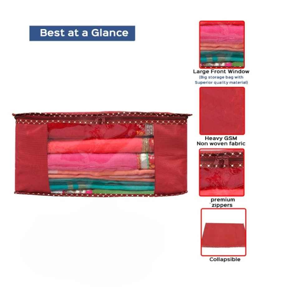 Perpetual Saree Organizer - Foldable Cover with Zip | Transparent Window | Red | Pack of 1