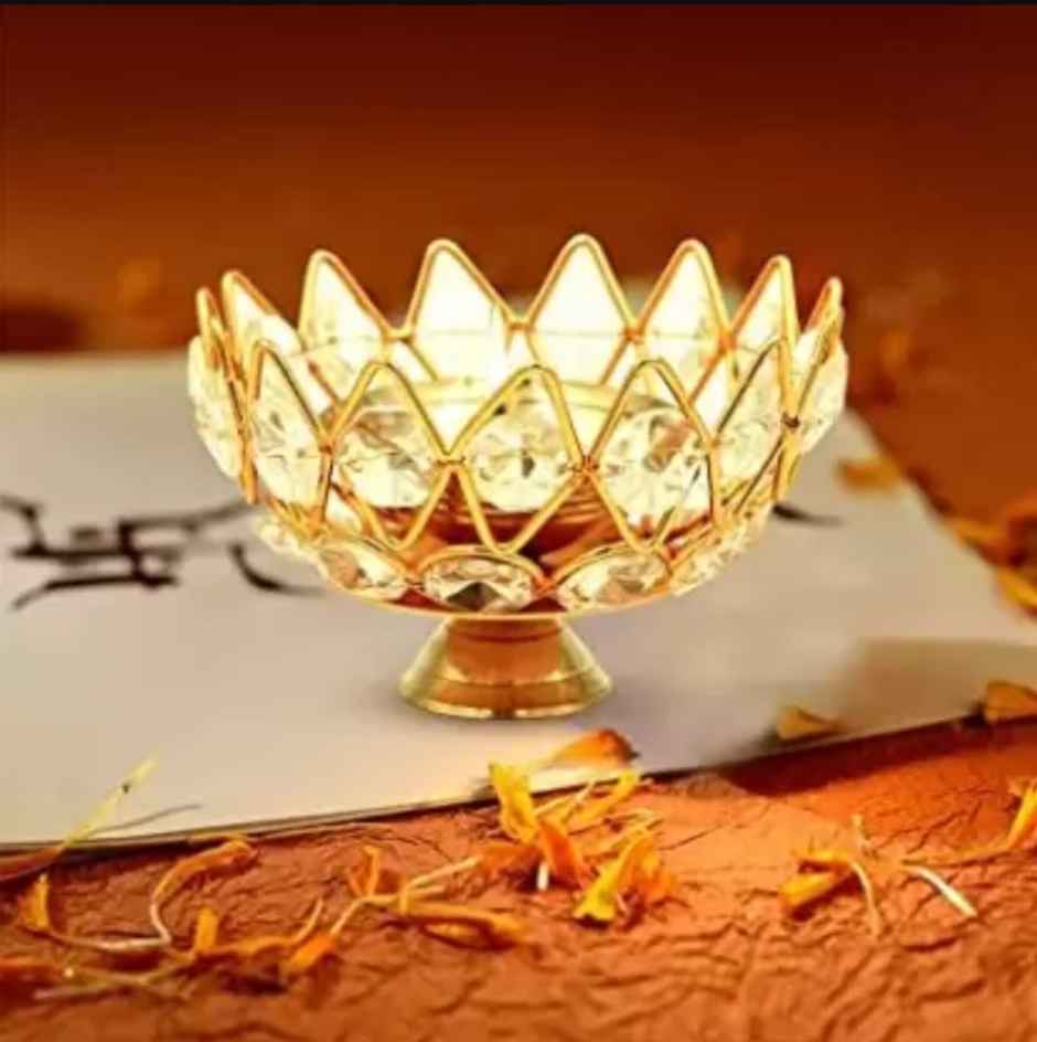 Crystal Brass Diya For Puja And Gift, Reflection Effect