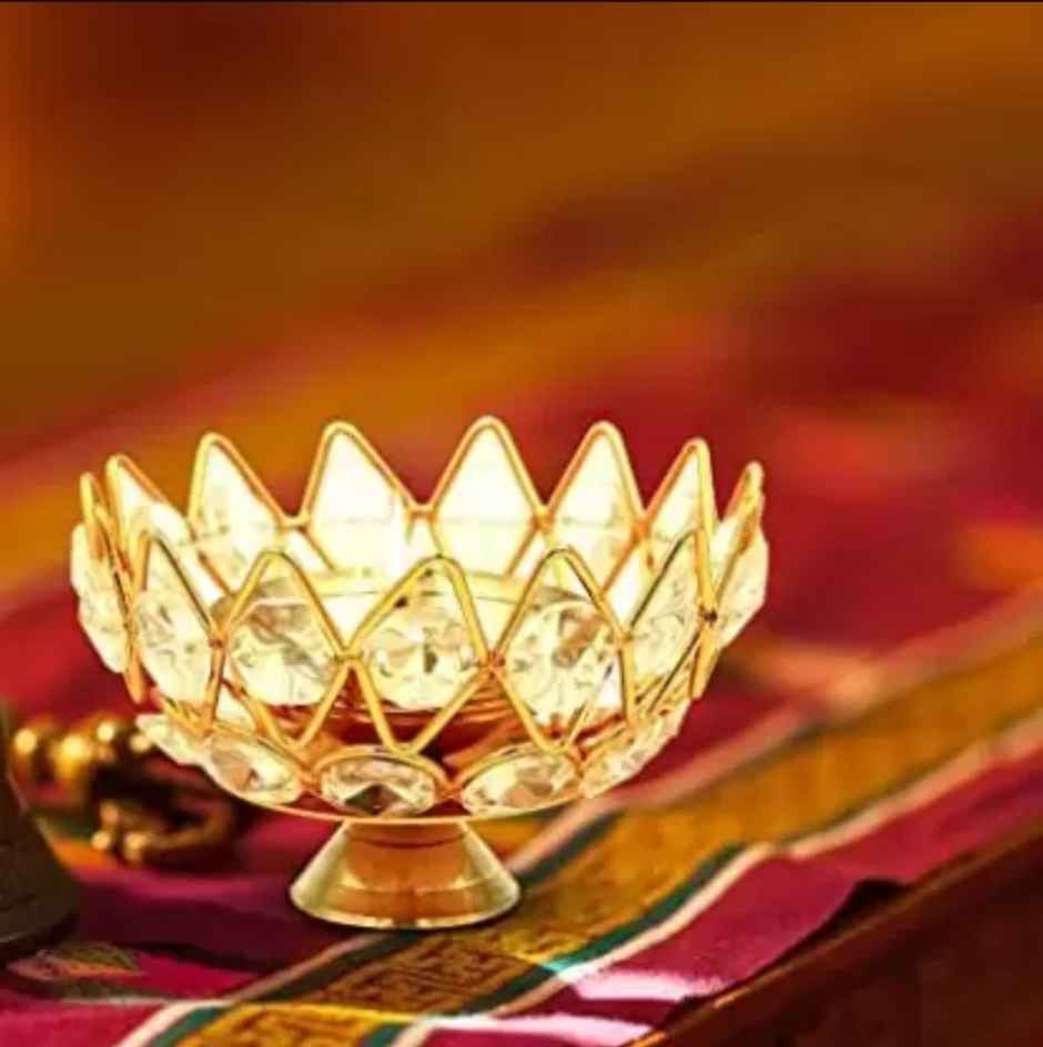 Crystal Brass Diya For Puja And Gift, Reflection Effect