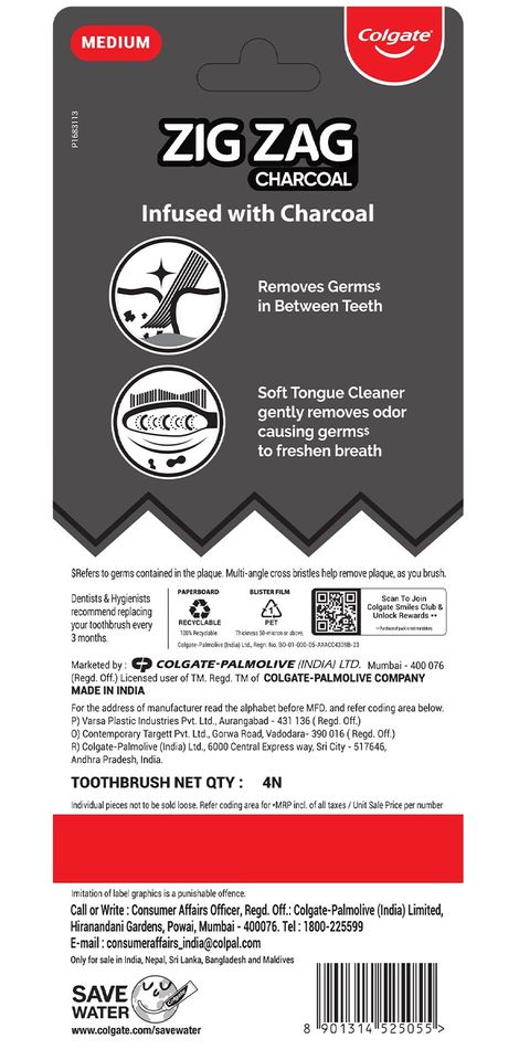 Colgate ZigZag Charcoal Medium Bristle Manual Toothbrush for Adults