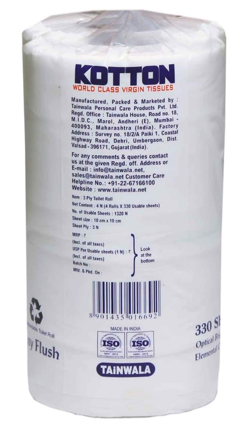 Kotton Toilet Roll - 3 Ply -100% Virgin Pulp/Paper, Pack of 4