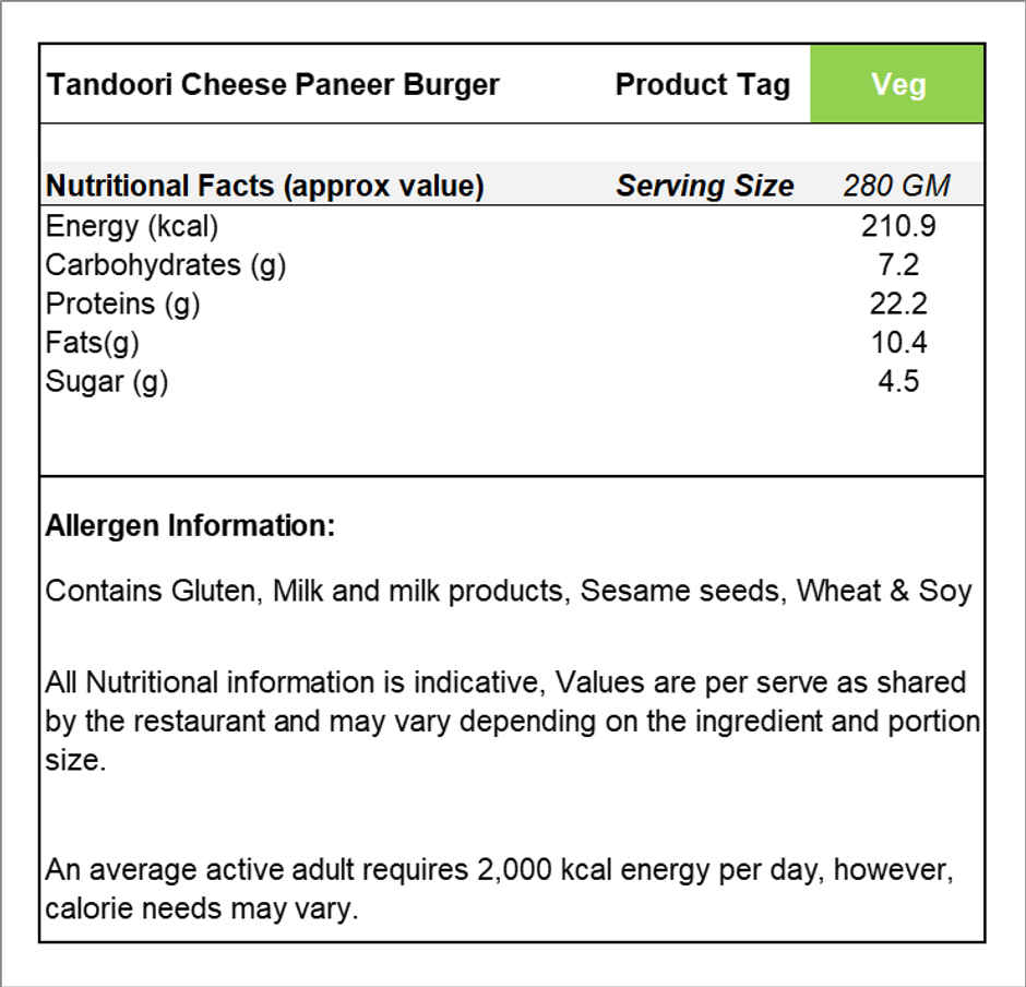 Tandoori Cheese Paneer Burger