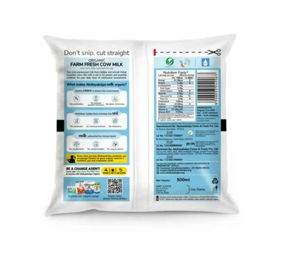 Akshayakalpa Amrutha - A2 Farm Organic Cow Fresh Milk | Pouch