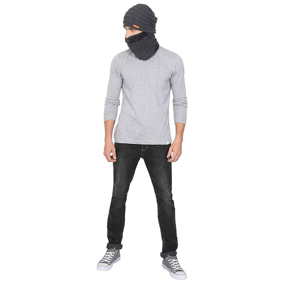 Fabseasons Unisex Acrylic Wool Beanie and Muffler | Dark Grey - Free Size