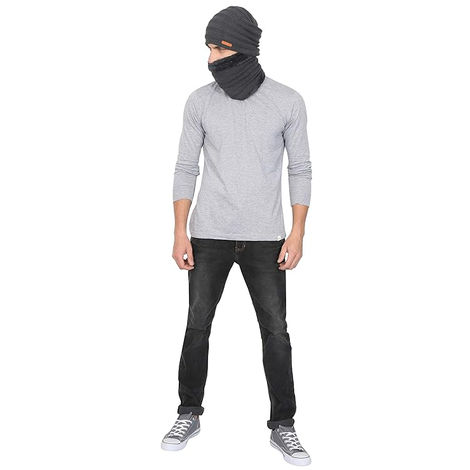 Fabseasons Unisex Acrylic Wool Beanie and Muffler | Dark Grey - Free Size