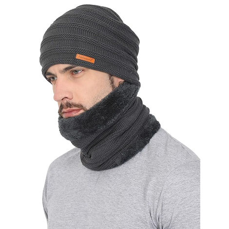 Fabseasons Unisex Acrylic Wool Beanie and Muffler | Dark Grey - Free Size