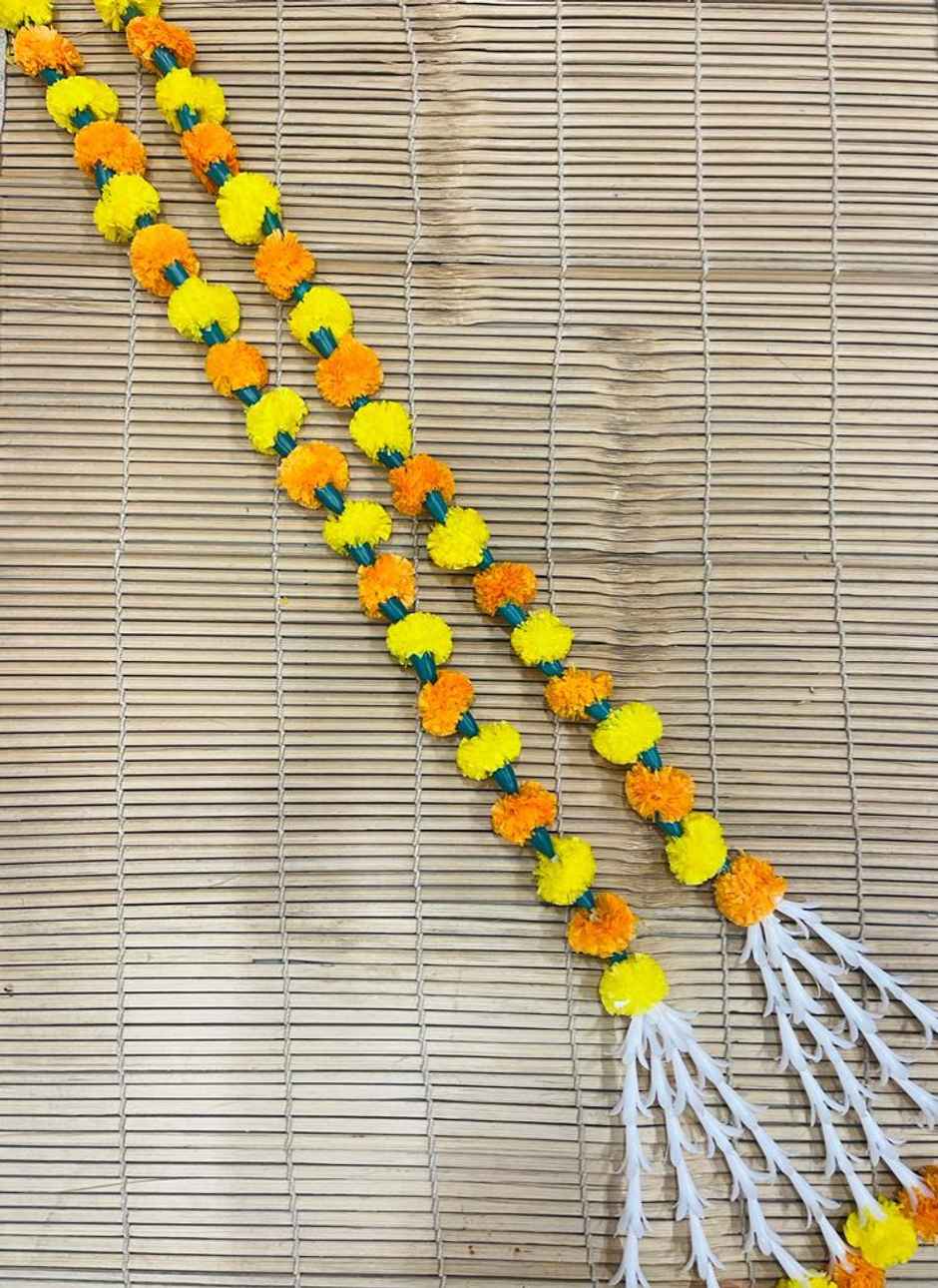 Flower String Bandhanwar | Festival Decoration | Marigold Design | 2 pcs | Yellow & Orange | Gullak