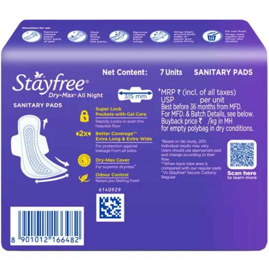 Stayfree Dry Max All Nights Sanitary Pads | XXL | 7 pcs